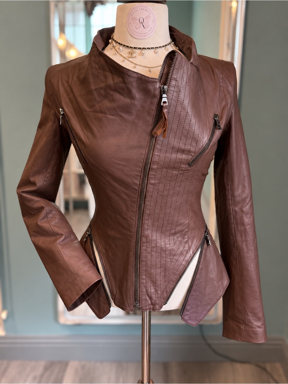 Y2K Lambskin Leather Cinched Waist Multi Zip Moto Jacket XS S